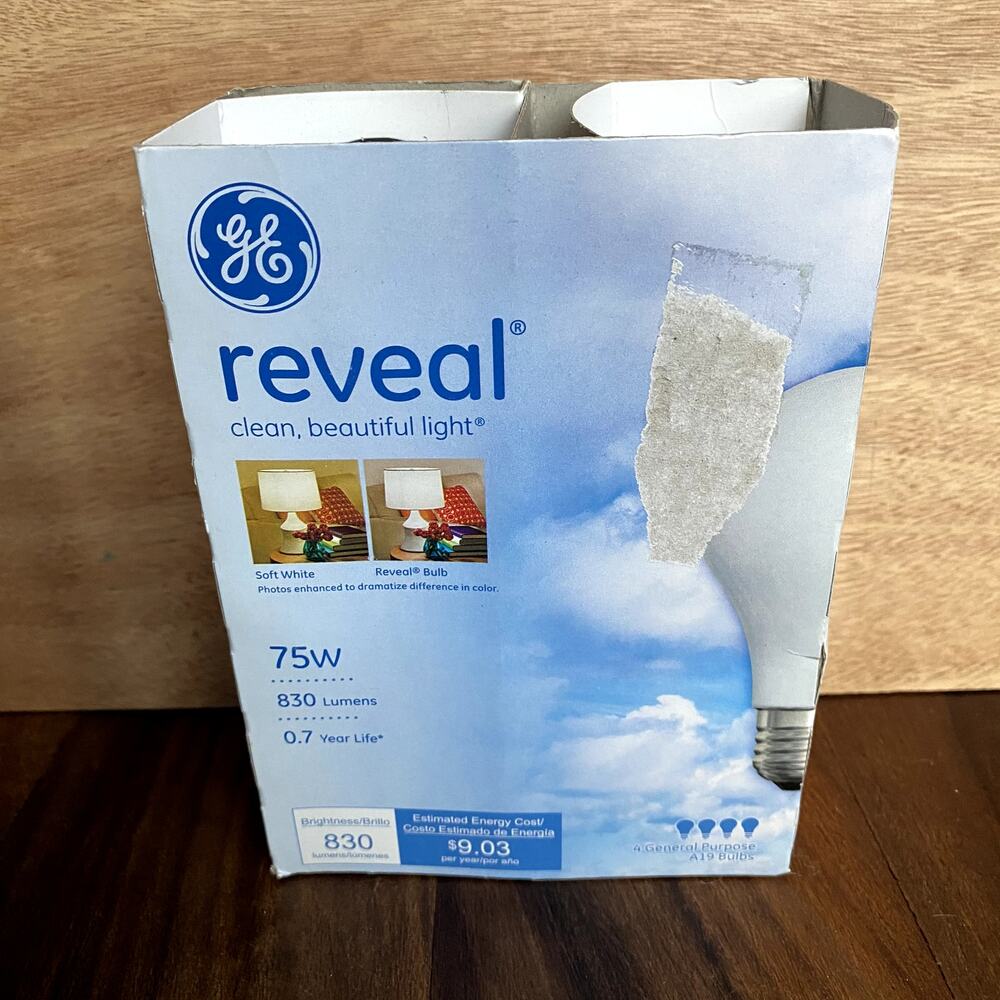 New GE Reveal 75 Watt Light Bulbs 4 Pack 830 Lumens Vintage